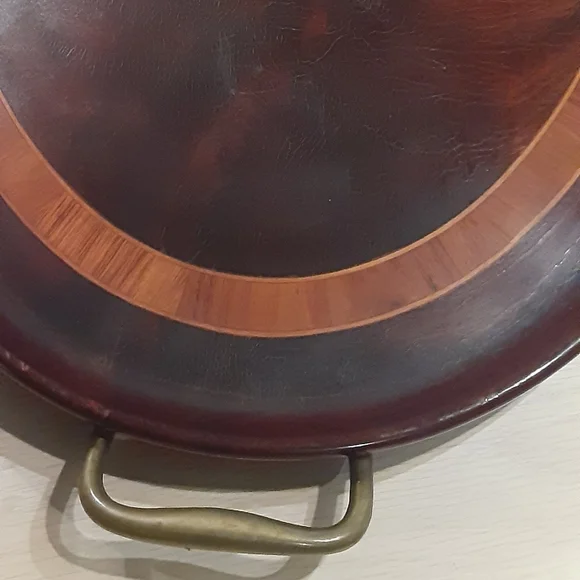 1894 - 1920 COWAN Chicago Brass & Mahogany Oval Serving Tray w/ Inlay A BEAUTY!